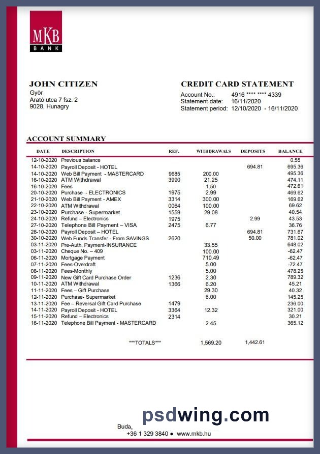 Hungary MKB Bank Statement (Word)